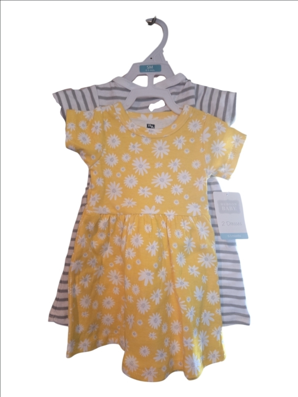 Hudson Baby Yellow Daisy's & Gray Stripe Dresses - Size 0-3Mos